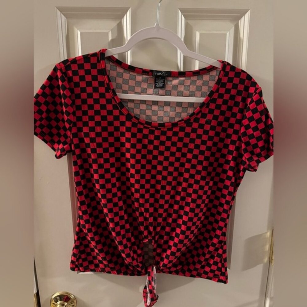 Red and Black Checkered Women's Short Sleeve Top